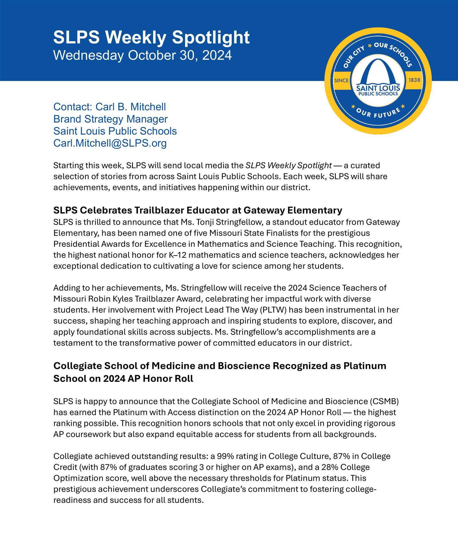 Oct. 30, 2024 SLPS Weekly Spotlight